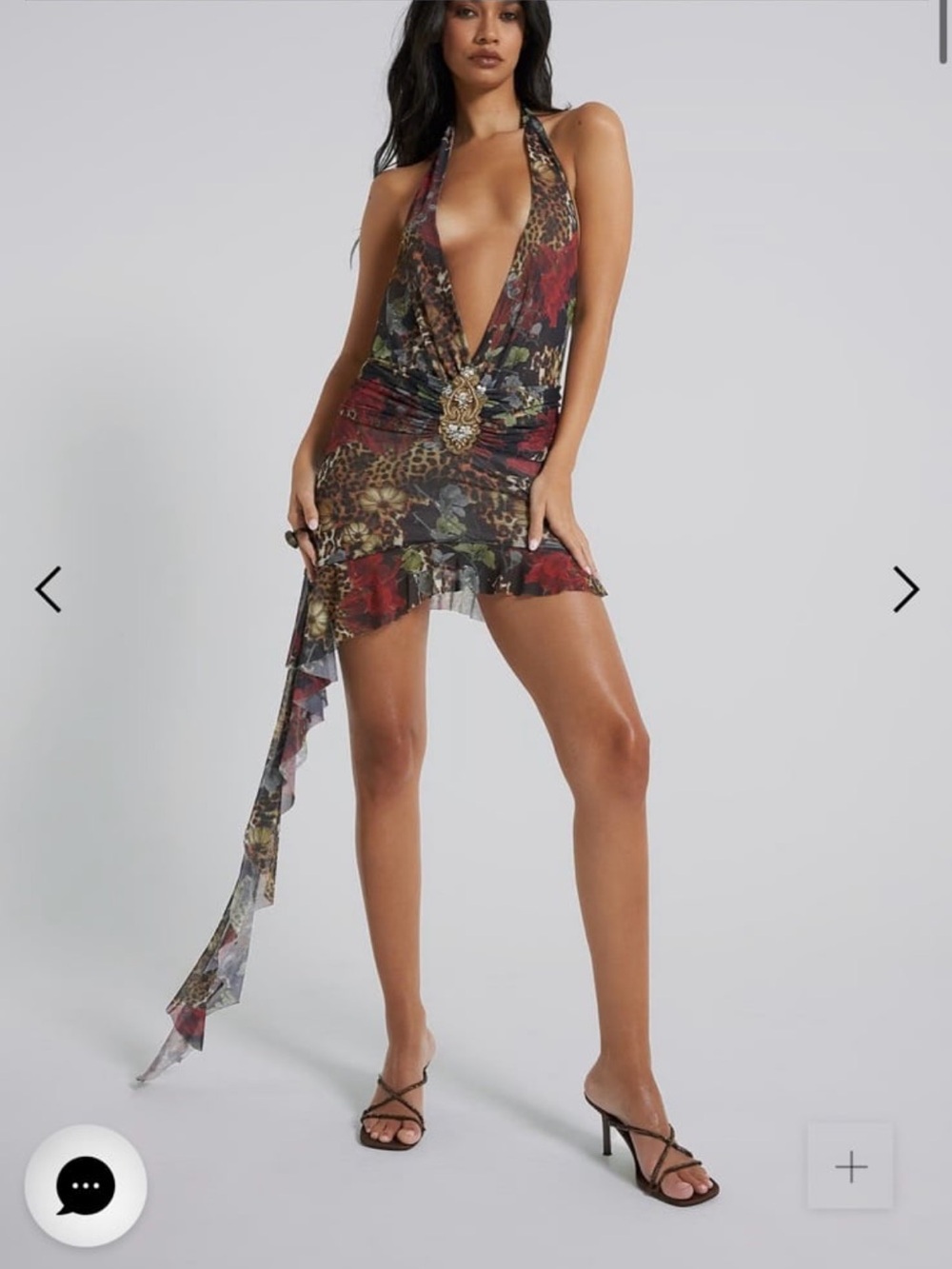 Jaded London Multi-Print Plunging Halter Mini Dress in Red, Black, Green